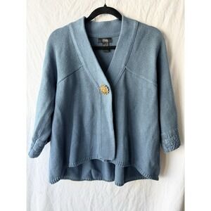 Henry New York Sweater Size L Cardigan 100 Cotton Blue Single Button 3/4 Sleeve